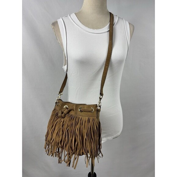 Rebecca Minkoff Fiona Mini Bucket Bag Tan Brown Suede Fringe Crossbody - Picture 2 of 16